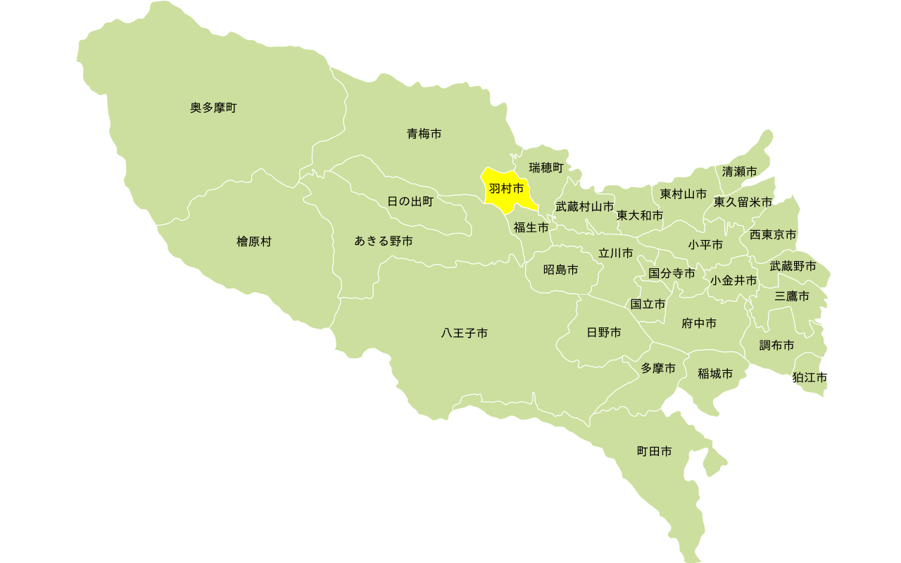 多摩エリアの地図。羽村市にフォーカス。